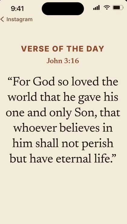 BibleScroll's screen, from its App Store listing: ‘Verse of the day’, John 3:16 in large serif type on cream.
