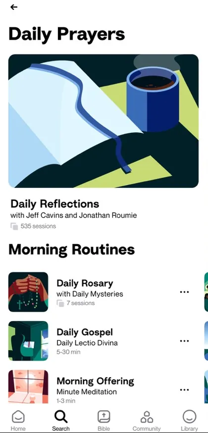 Hallow's ‘Daily Prayers’ screen, from its App Store listing: an illustration of an open Bible and a mug, Daily Reflections, and Morning Routines such as the Daily Rosary and Daily Gospel.
