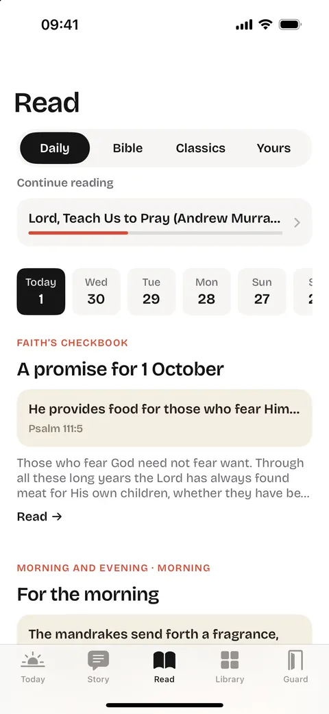 Mutter's Read tab: today's Faith's Checkbook promise and Morning and Evening reading, with tabs for Daily, Bible, Articles and Yours.
