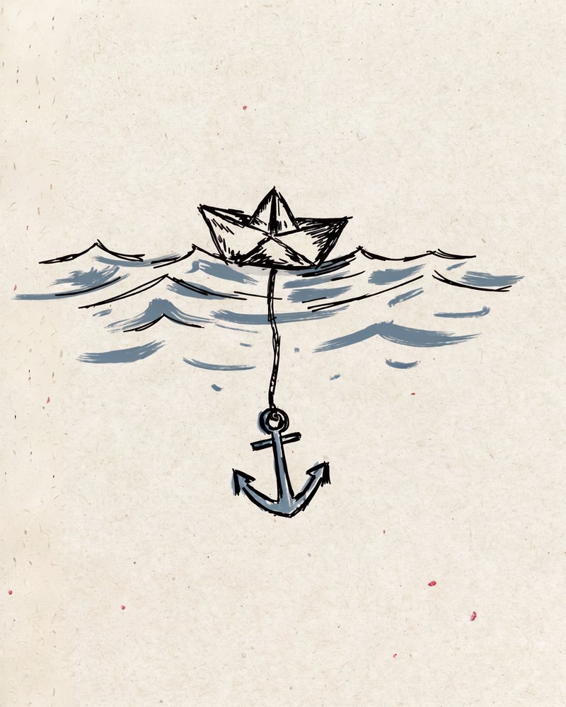 A paper boat on the water held by an anchor below.