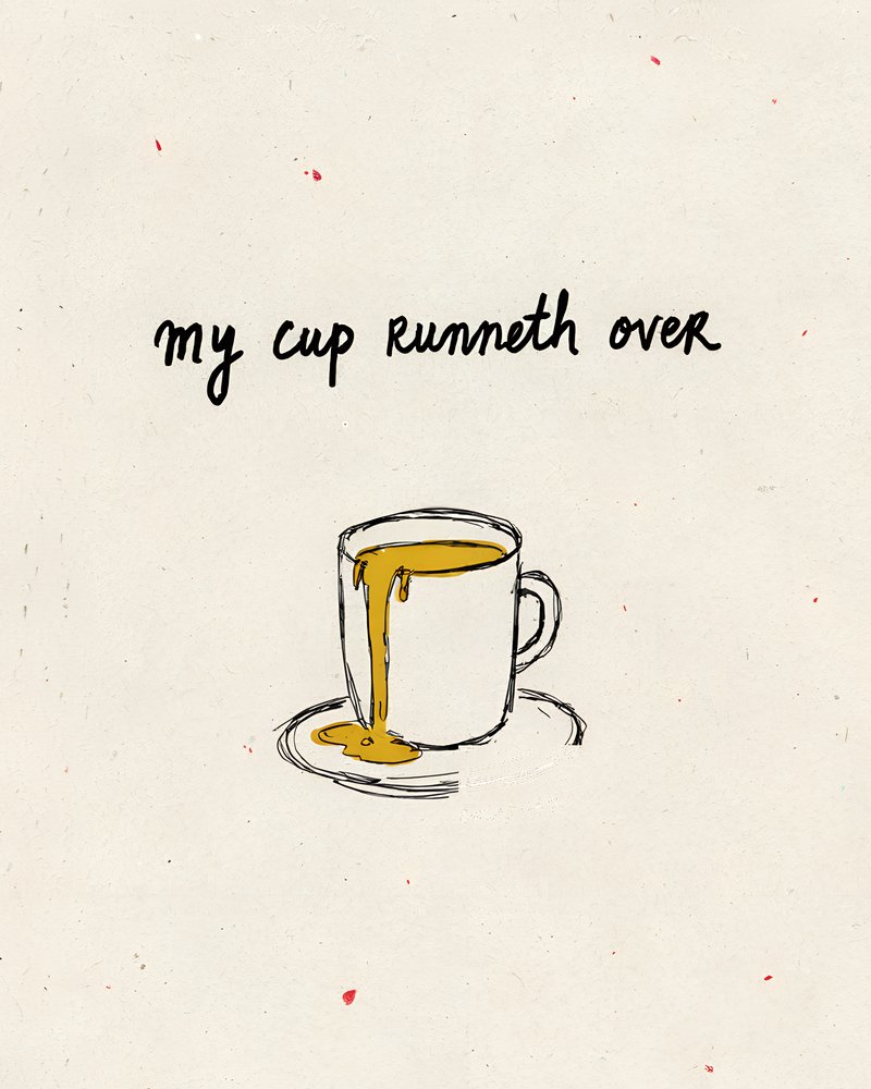 A mug overflowing onto its saucer.