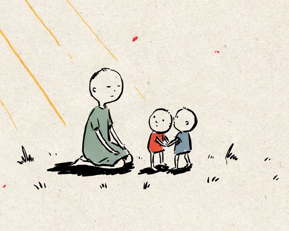 A parent kneeling in prayer beside two small children.
