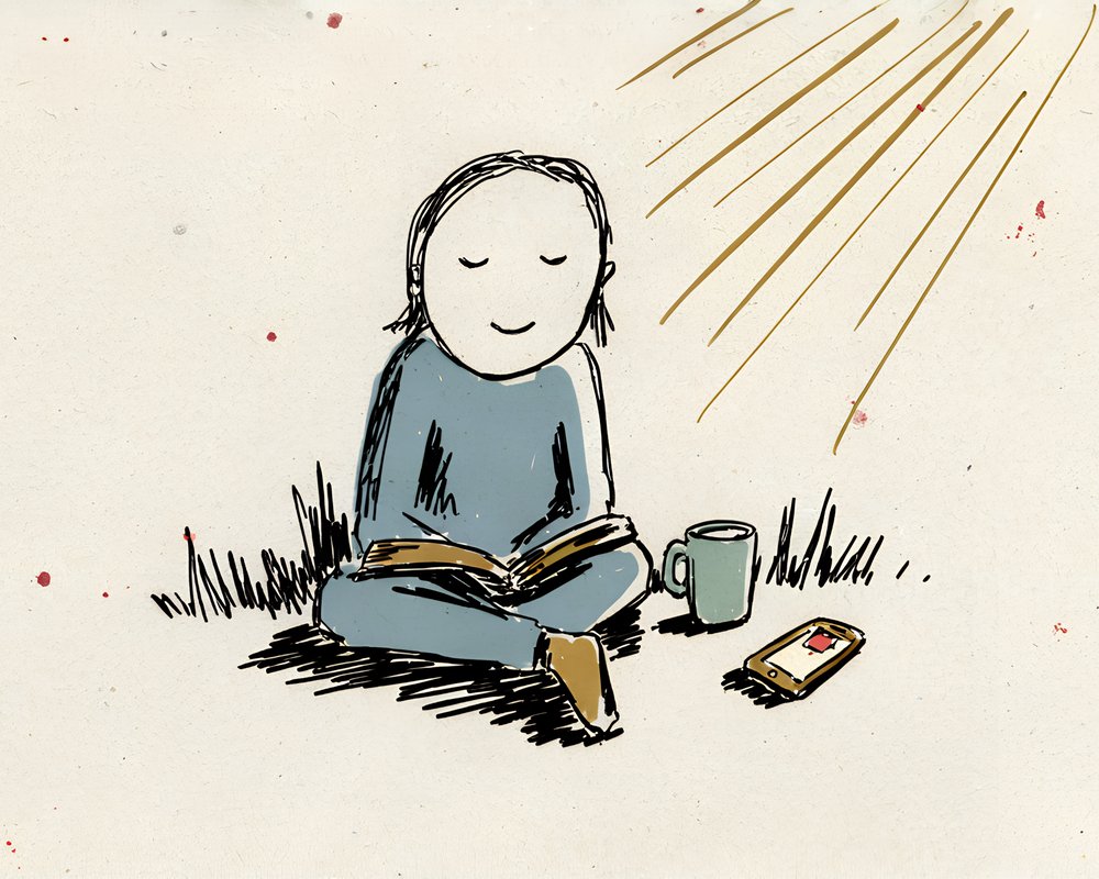 A person sitting cross-legged at sunrise with an open Bible and a mug.