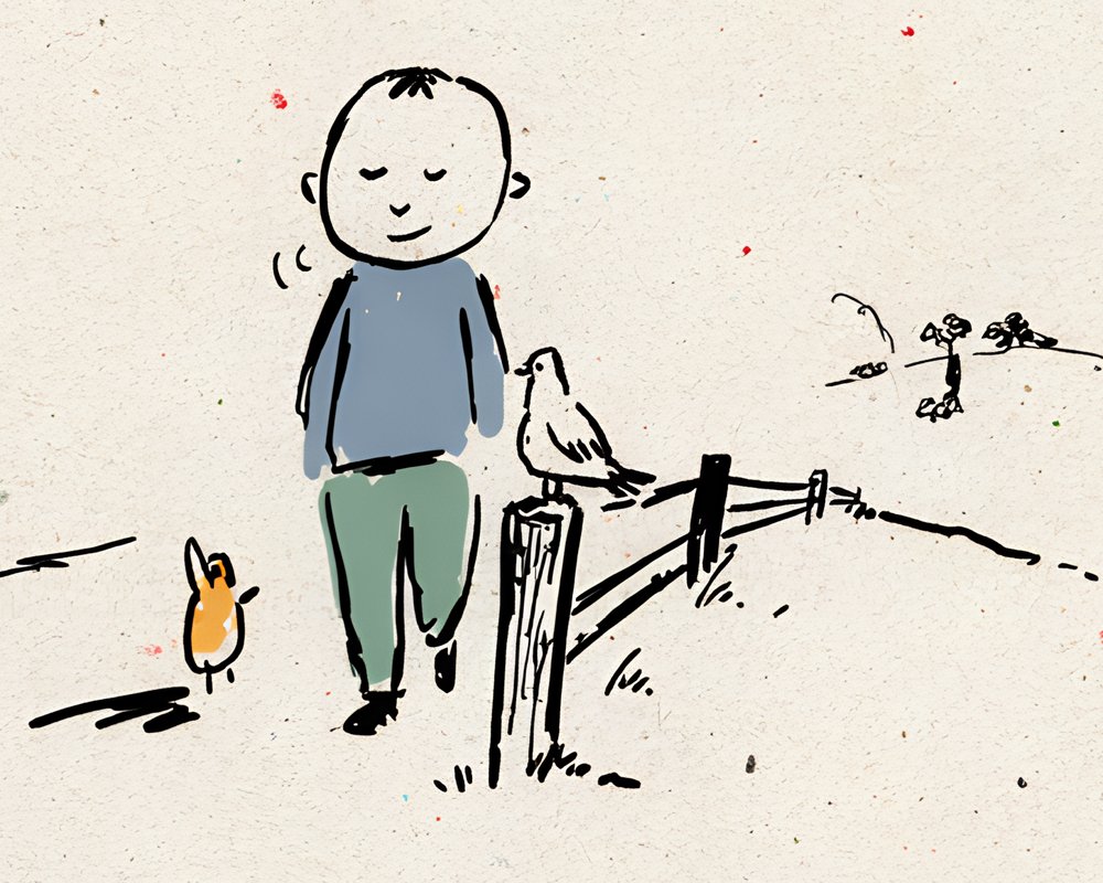 A person walking and murmuring, a dove listening on a fence post.