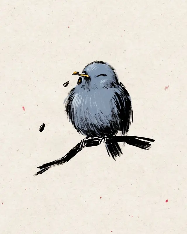 A hand-drawn bluebird on a branch, singing.