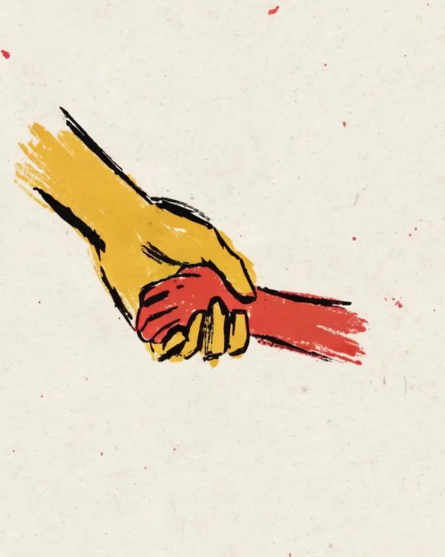 Two hand-drawn hands clasped, one yellow and one red.